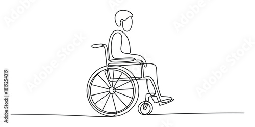 Continuous line drawing of a person in a wheelchair, modern icon