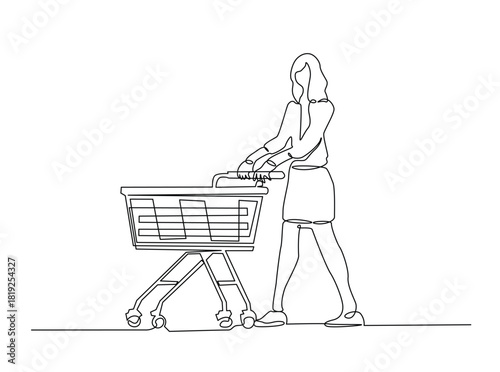Continuous line art drawing of Woman pushing shopping trolley. Editable stroke.