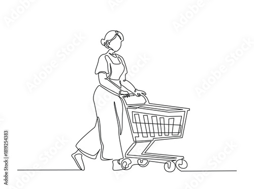 Continuous line art drawing of Woman pushing shopping trolley. Editable stroke.