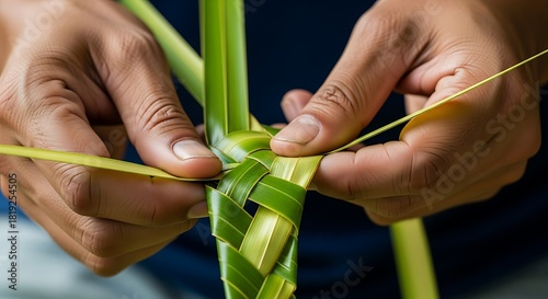 Palm frond braiding skill, artisanal tropical craftwork in progress