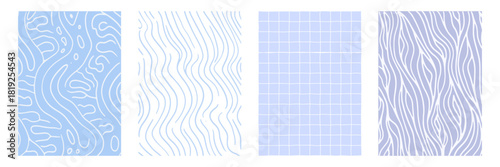 Minimal blue abstract background set. Wavy lines, contour shapes, and grid patterns in soft pastel blue tone for modern design, packaging, branding or web decoration in a clean style
