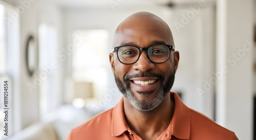 Experience the genuine warmth of a confident, middle-aged African American man with glasses, radiating positivity and success in a bright, modern home setting.