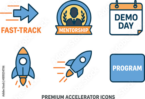 Startup accelerator icon set featuring rocket, mentorship, fast track, and demo day symbols