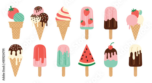 A delightful collection of colorful ice cream cones and popsicles, featuring various flavors and toppings, perfect for summer treats and sweet desserts.