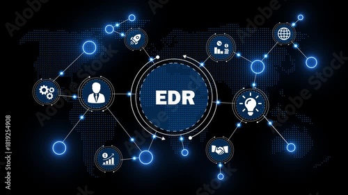 futuristic edr endpoint detection and response interface with global network. advanced cybernetic screen with security management icons. blue glowing network background for endpoint protection.