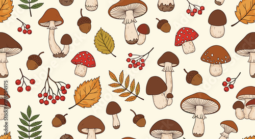 Hand-drawn seamless pattern of autumn forest elements, featuring various mushrooms, colorful leaves, acorns, and red berries.