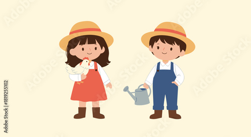 Adorable little boy and girl farmers smiling, with one holding a chicken and the other a watering can, set against a simple background.