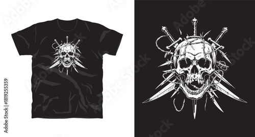 Skull with Swords and Barbed Wire in White Vector t-shirt Illustration