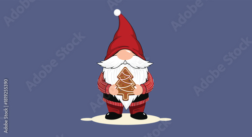 A cute Christmas gnome character in a festive red outfit holds a homemade gingerbread tree cookie, standing against a simple blue background.