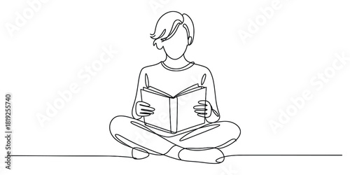 One line drawing, person sitting cross-legged, reading a book