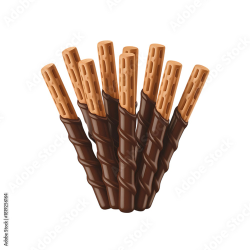 A close-up illustration of several chocolate-dipped pretzel sticks arranged in a fan shape against a white background.