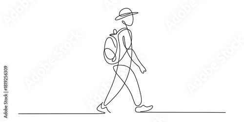 Simple continuous line art of a traveler hiking with a backpack