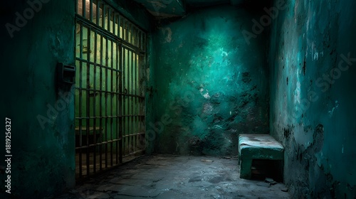 Dark and eerie prison cell with metal bars and a concrete bench.