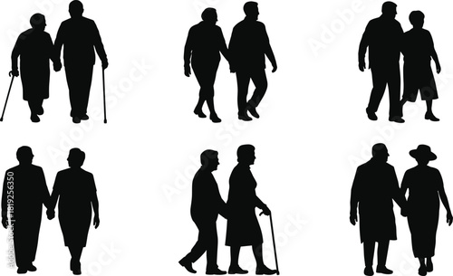 Set of elderly couple silhouettes walking together, senior love, aging, companionship, care, support, togetherness, retirement, relationship, unity, affection