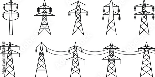Set of electricity transmission tower designs, power line pylons collection, energy infrastructure, electrical engineering illustration, black and white technical drawing