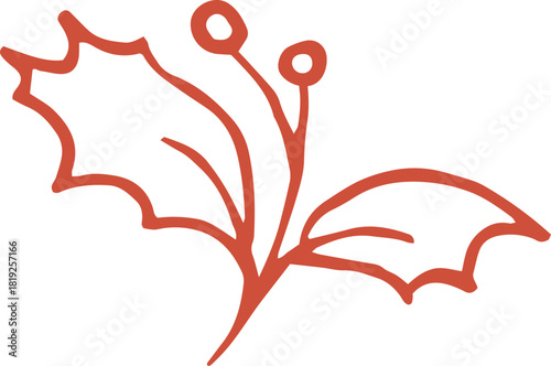 Whimsical line art illustration of holly branch with leaf and berries. Vector vintage cottagecore Christmas hand drawn doodle.