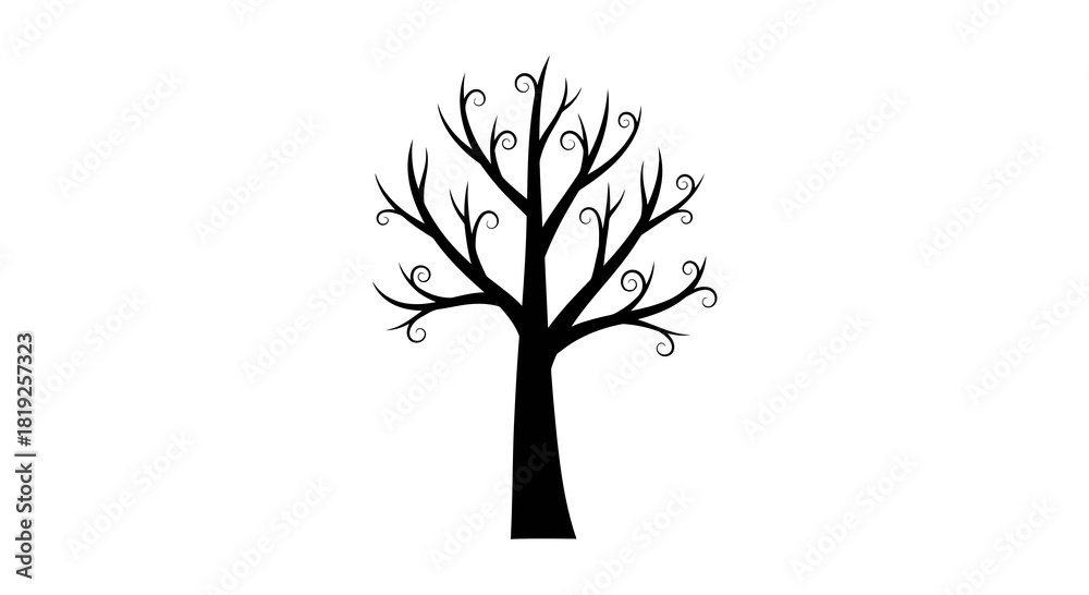 Obraz premium Stylized monochrome tree silhouette with curled branches against a plain backdrop