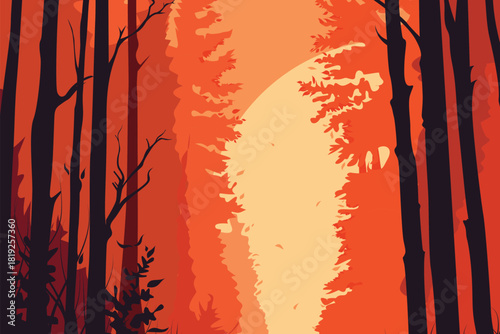 Vibrant forest illustration with tall silhouettes and a glowing sunlight opening, creating a dramatic contrast of dark trees and fiery warm tones in a mystical woodland scene.