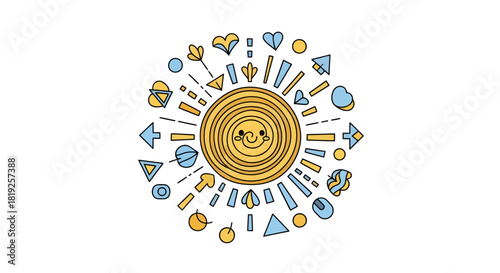 Stylized sun illustration radiating happiness with geometric shapes and cheerful color palette