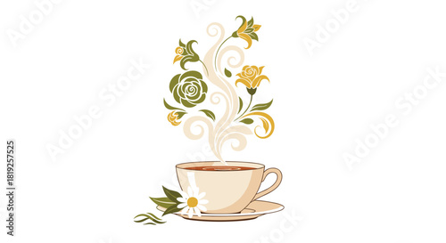 Elegant cup of hot tea or coffee with floral and leafy steam swirls and a chamomile flower on the saucer.