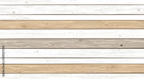 Textured planks of wooden boards with knots, painted in alternating white and natural shades,