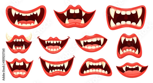 Varied vampire smiles illustrations for scary season, embodying mischievous and sinister elements
