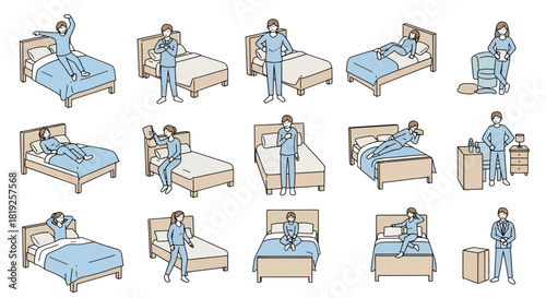 Various daily routines near bedroom furniture in a minimalist style illustration representing