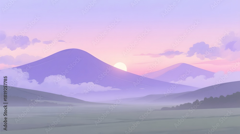 Fototapeta premium Serene Mountain Landscape with Soft Sunrise and Gentle Clouds