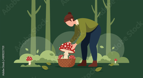 Illustration of a woman in a green forest carefully picking large red and white fly agaric mushrooms into a basket.