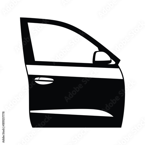 Black silhouette of a car door with side mirror and handle black and white vehicle