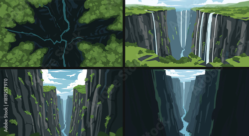 Set of four illustrations depicting a deep canyon with a river and waterfalls, seen from above and within.