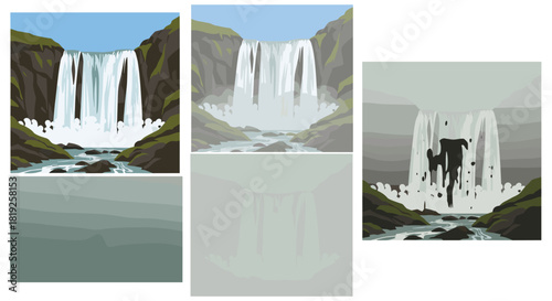 Set of illustrations showing a powerful waterfall cascading down rocky cliffs, including various stages of completion.