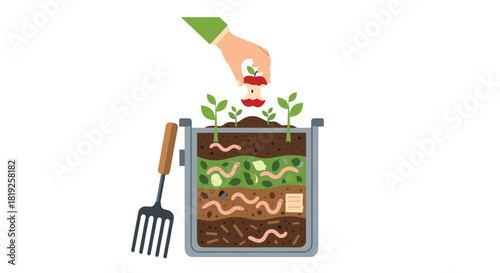 Illustration of a composting bin with visible layers of soil, food scraps, leaves, and earthworms for recycling.
