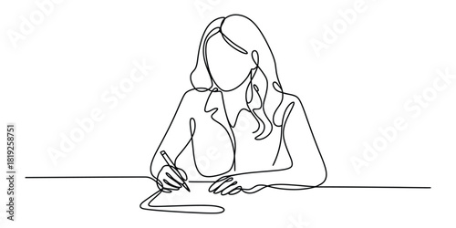 Minimalist one line art of a woman focused on writing on paper