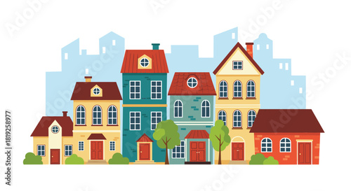 A charming row of colorful cartoon houses with diverse architecture and green trees, set against a light blue city silhouette.
