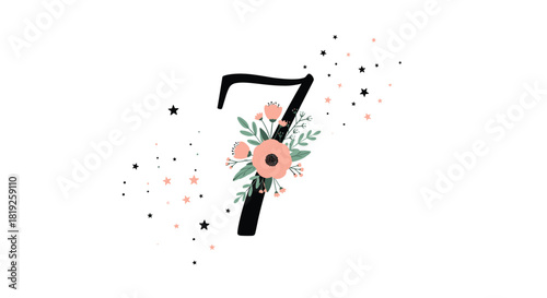 A decorative black number seven adorned with peach flowers, green leaves, and scattered stars on a white background.