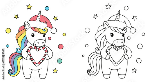 Christmas coloring page of cute cartoon unicorn wearing Santa hat and holding heart shaped candy cane, vector illustration with color and black and white outline versions for kids activity