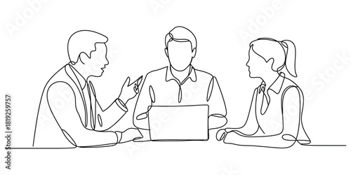 Continuous line drawing of business people in a collaborative meeting