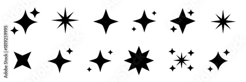 Collection of diverse black sparkle, star, and glitter effect icons, symbols, graphic elements for web, app design, and various decorative purposes