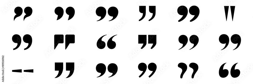 Naklejka premium A varied selection of black punctuation marks, featuring different styles of quotation symbols, primes, and a dash, critical for typography, grammar, and text composition needs.