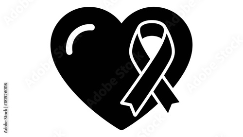 Black heart icon with a symbolic ribbon, representing compassionate support, care, and awareness, isolated on white back
