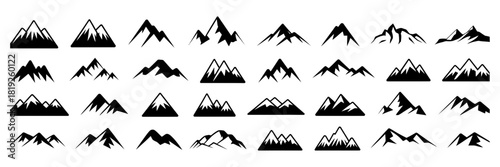 Extensive collection of diverse black mountain and peak silhouette icons, ideal for outdoor adventure, nature exploration, travel badges, or alpine logos designs.
