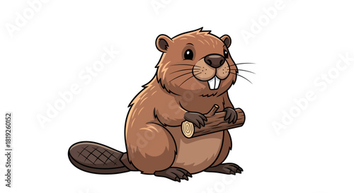Delightful cartoon beaver clutching a freshly cut log with its tiny paws illustration