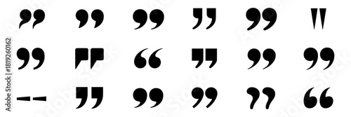 A varied selection of black punctuation marks, featuring different styles of quotation symbols, primes, and a dash, critical for typography, grammar, and text composition needs.