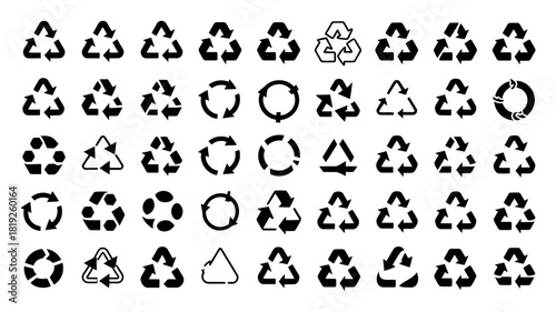 Extensive set of black recycling symbols, various arrow and circular icons for environmental sustainability, waste management, ecological responsibility
