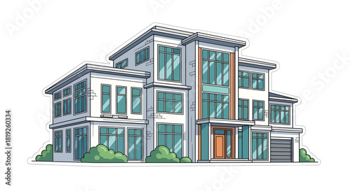 Detailed architectural rendering featuring a modern multi-story residence with clean lines and