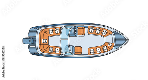 Detailed Boat Interior Illustration Depicting Seating Arrangement and Layout Design