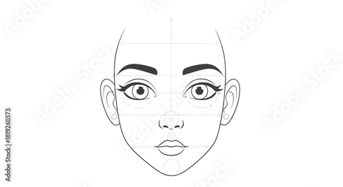 Detailed face illustration tutorial outlining the proportions and facial features