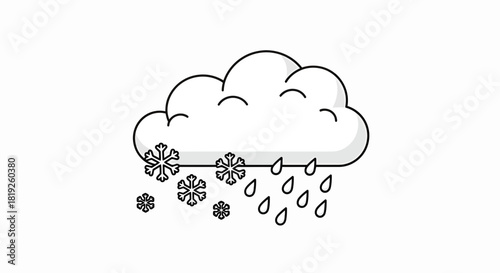 Depiction of a cloud with a mixture of rain and snow falling in a minimalist style