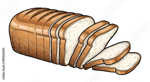 Detailed hand-drawn illustration of sliced loaf bread with realistic texture and shading